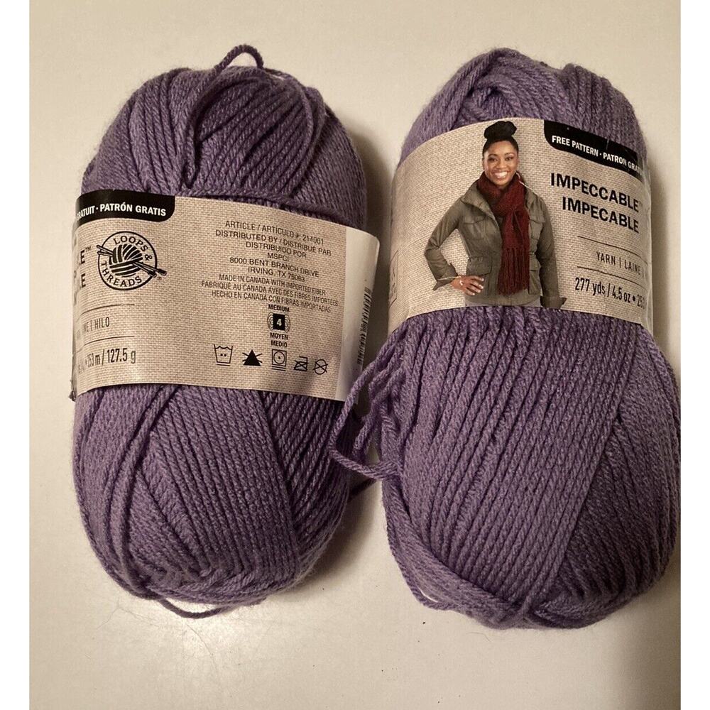 Lot of 2 Skeins: Loops & Threads Impeccable Yarn. Lavender. Acrylic. 4.5 oz each